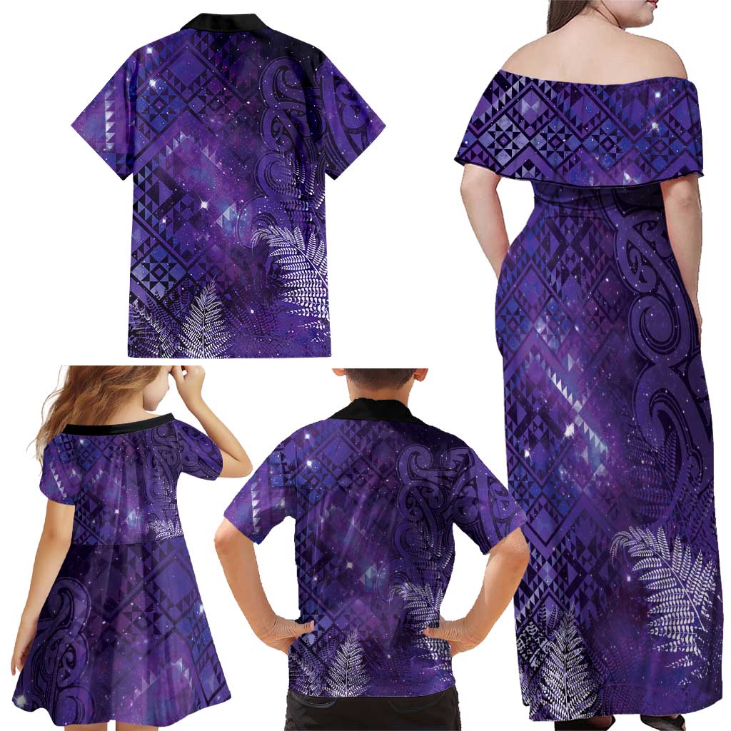 Aotearoa Taniko Matariki Family Matching Off Shoulder Maxi Dress and Hawaiian Shirt Cosmic Violet