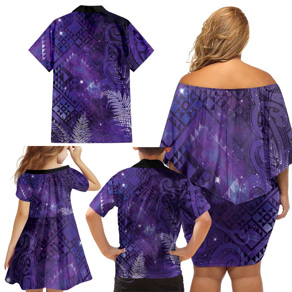 Aotearoa Taniko Matariki Family Matching Off Shoulder Short Dress and Hawaiian Shirt Cosmic Violet