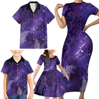 Aotearoa Taniko Matariki Family Matching Short Sleeve Bodycon Dress and Hawaiian Shirt Cosmic Violet
