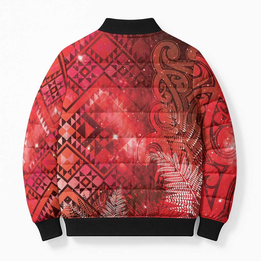 Aotearoa Taniko Matariki Bomber Puffer Jacket Cosmic Red