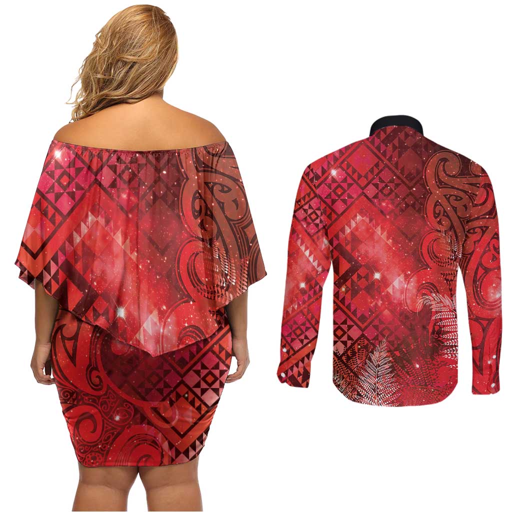 Aotearoa Taniko Matariki Couples Matching Off Shoulder Short Dress and Long Sleeve Button Shirt Cosmic Red