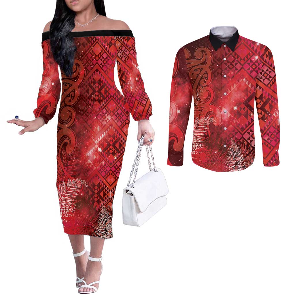 Aotearoa Taniko Matariki Couples Matching Off The Shoulder Long Sleeve Dress and Long Sleeve Button Shirt Cosmic Red LT7 Red - Polynesian Pride