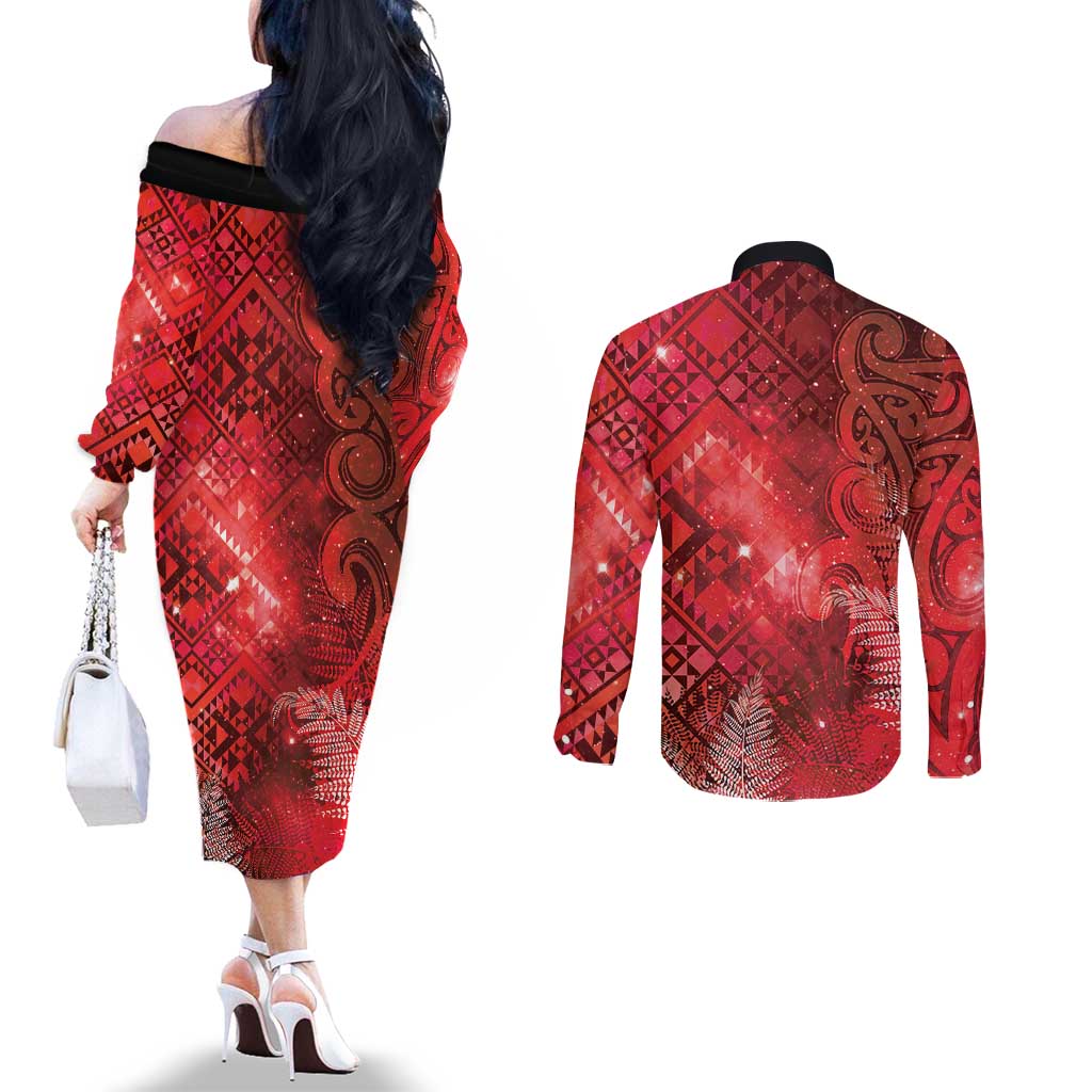 Aotearoa Taniko Matariki Couples Matching Off The Shoulder Long Sleeve Dress and Long Sleeve Button Shirt Cosmic Red LT7 - Polynesian Pride