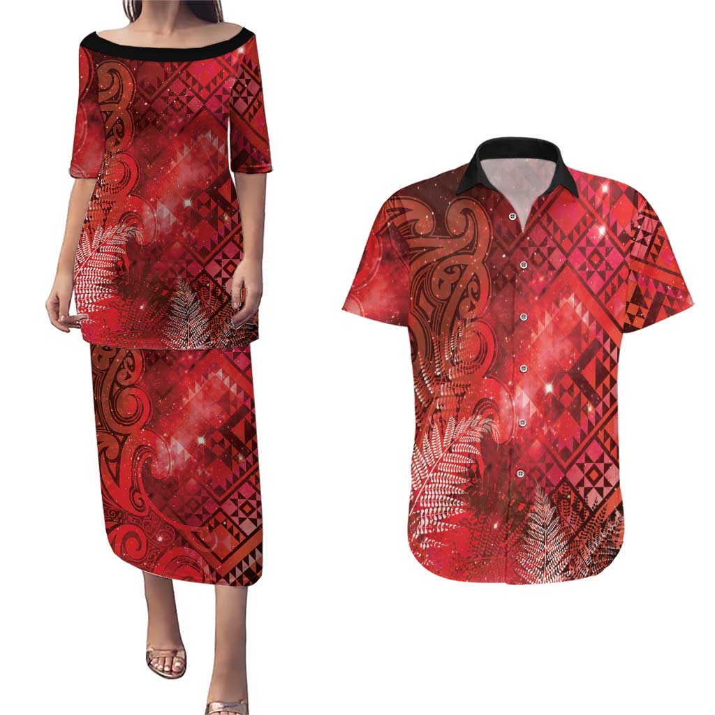 Aotearoa Taniko Matariki Couples Matching Puletasi and Hawaiian Shirt Cosmic Red