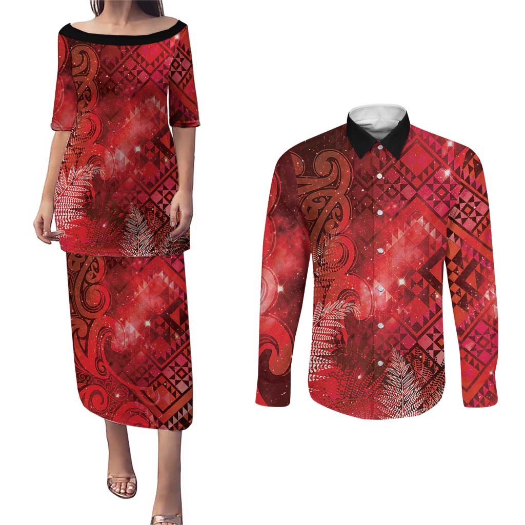 Aotearoa Taniko Matariki Couples Matching Puletasi and Long Sleeve Button Shirt Cosmic Red LT7 Red - Polynesian Pride