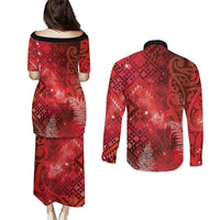 Aotearoa Taniko Matariki Couples Matching Puletasi and Long Sleeve Button Shirt Cosmic Red LT7 - Polynesian Pride