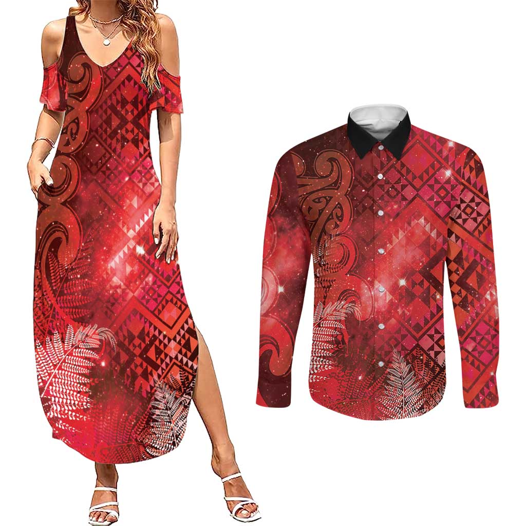Aotearoa Taniko Matariki Couples Matching Summer Maxi Dress and Long Sleeve Button Shirt Cosmic Red LT7 Red - Polynesian Pride