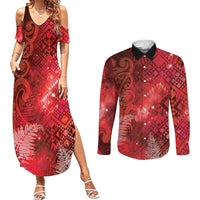 Aotearoa Taniko Matariki Couples Matching Summer Maxi Dress and Long Sleeve Button Shirt Cosmic Red LT7 Red - Polynesian Pride
