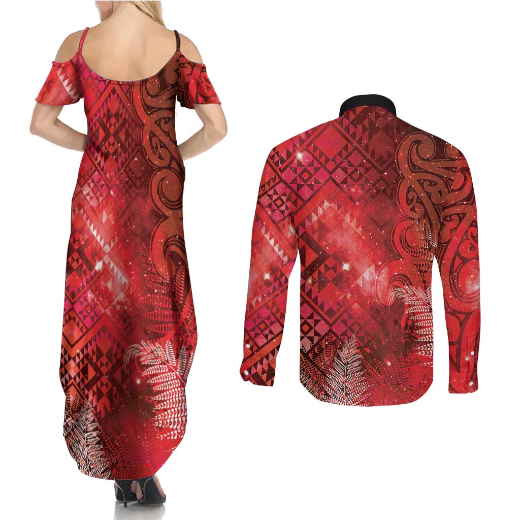 Aotearoa Taniko Matariki Couples Matching Summer Maxi Dress and Long Sleeve Button Shirt Cosmic Red LT7 - Polynesian Pride