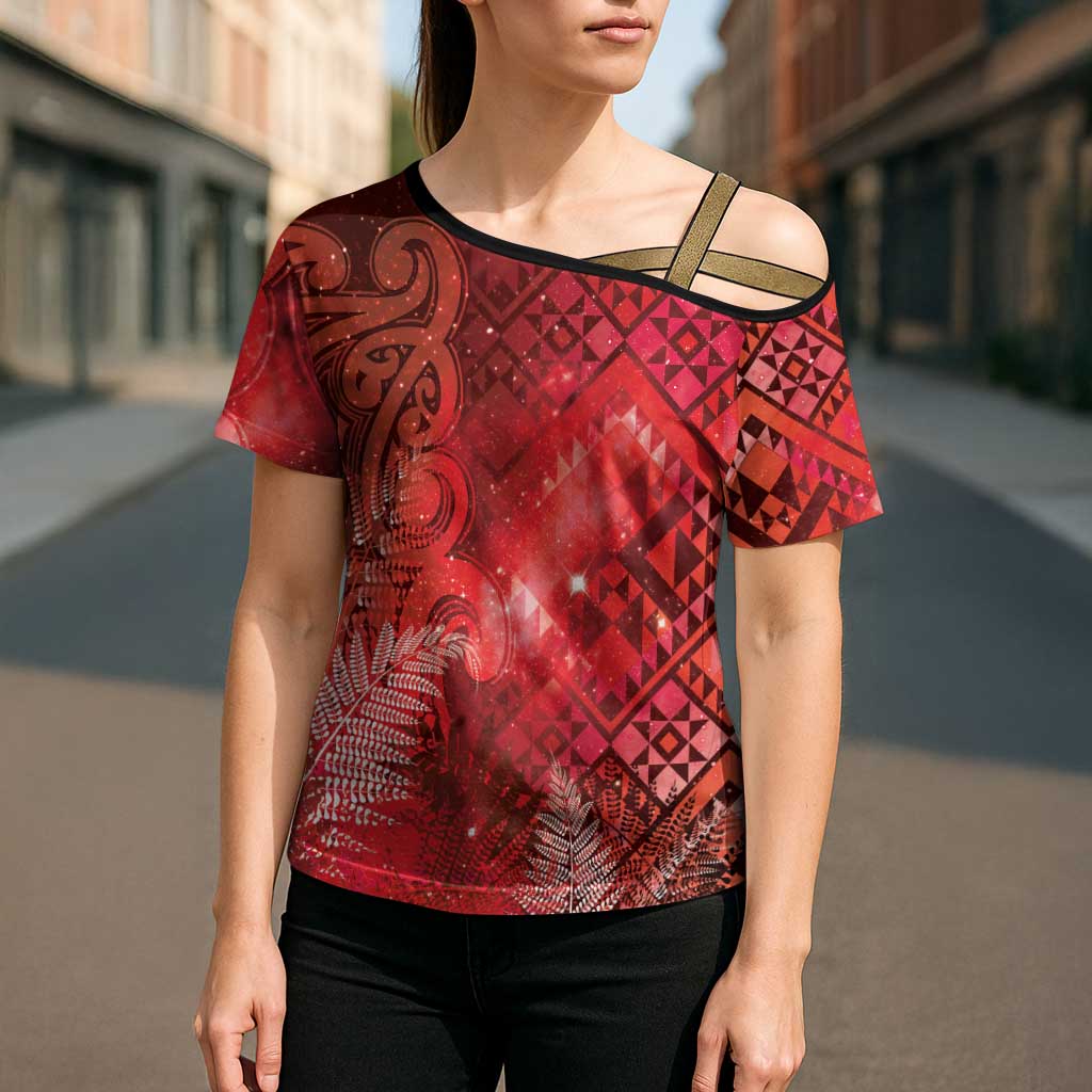 Aotearoa Taniko Matariki Cross Shoulder Shirt Cosmic Red
