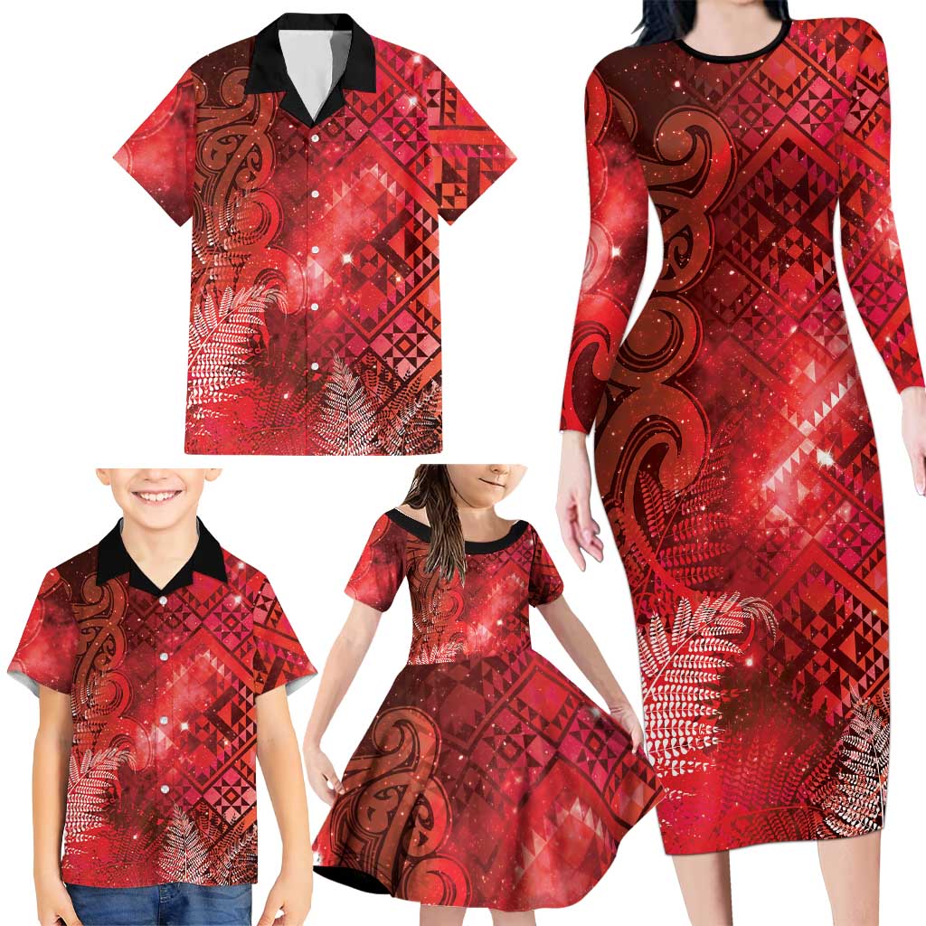 Aotearoa Taniko Matariki Family Matching Long Sleeve Bodycon Dress and Hawaiian Shirt Cosmic Red