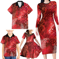 Aotearoa Taniko Matariki Family Matching Long Sleeve Bodycon Dress and Hawaiian Shirt Cosmic Red