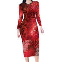 Aotearoa Taniko Matariki Family Matching Long Sleeve Bodycon Dress and Hawaiian Shirt Cosmic Red