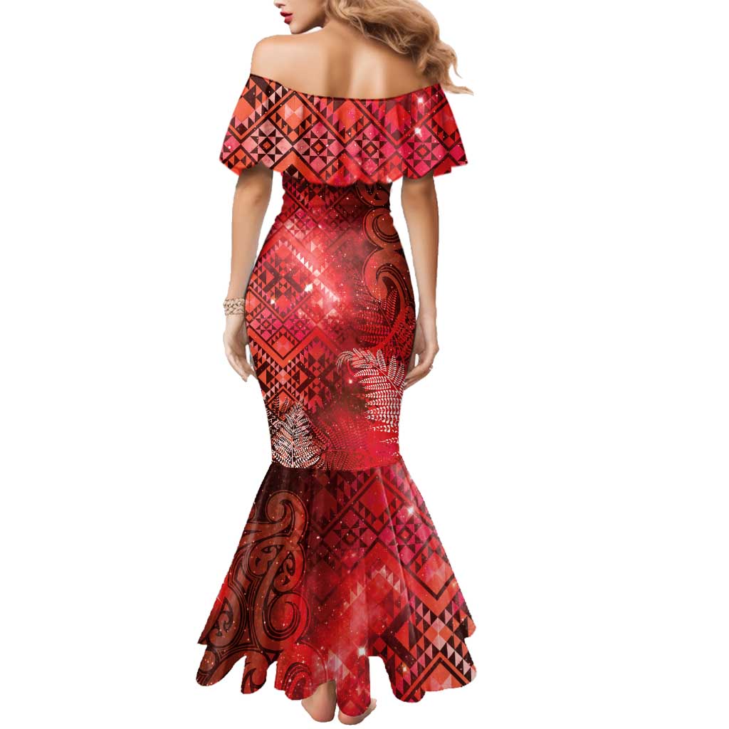 Aotearoa Taniko Matariki Family Matching Mermaid Dress and Hawaiian Shirt Cosmic Red