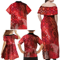 Aotearoa Taniko Matariki Family Matching Off Shoulder Maxi Dress and Hawaiian Shirt Cosmic Red