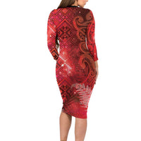 Aotearoa Taniko Matariki Long Sleeve Bodycon Dress Cosmic Red