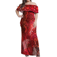 Aotearoa Taniko Matariki Off Shoulder Maxi Dress Cosmic Red