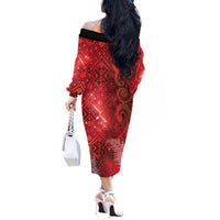 Aotearoa Taniko Matariki Off The Shoulder Long Sleeve Dress Cosmic Red LT7 - Polynesian Pride