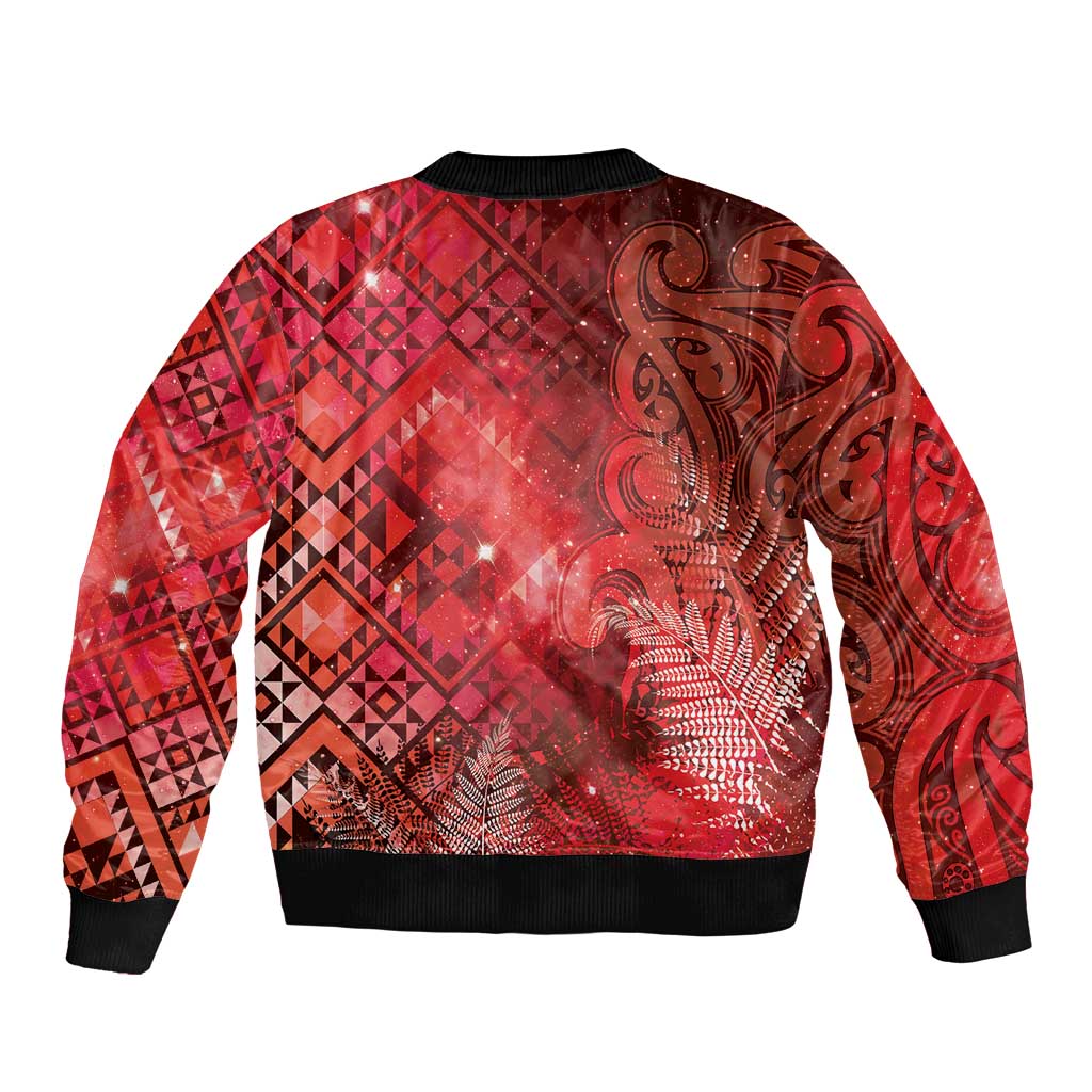 Aotearoa Taniko Matariki Sleeve Zip Bomber Jacket Cosmic Red