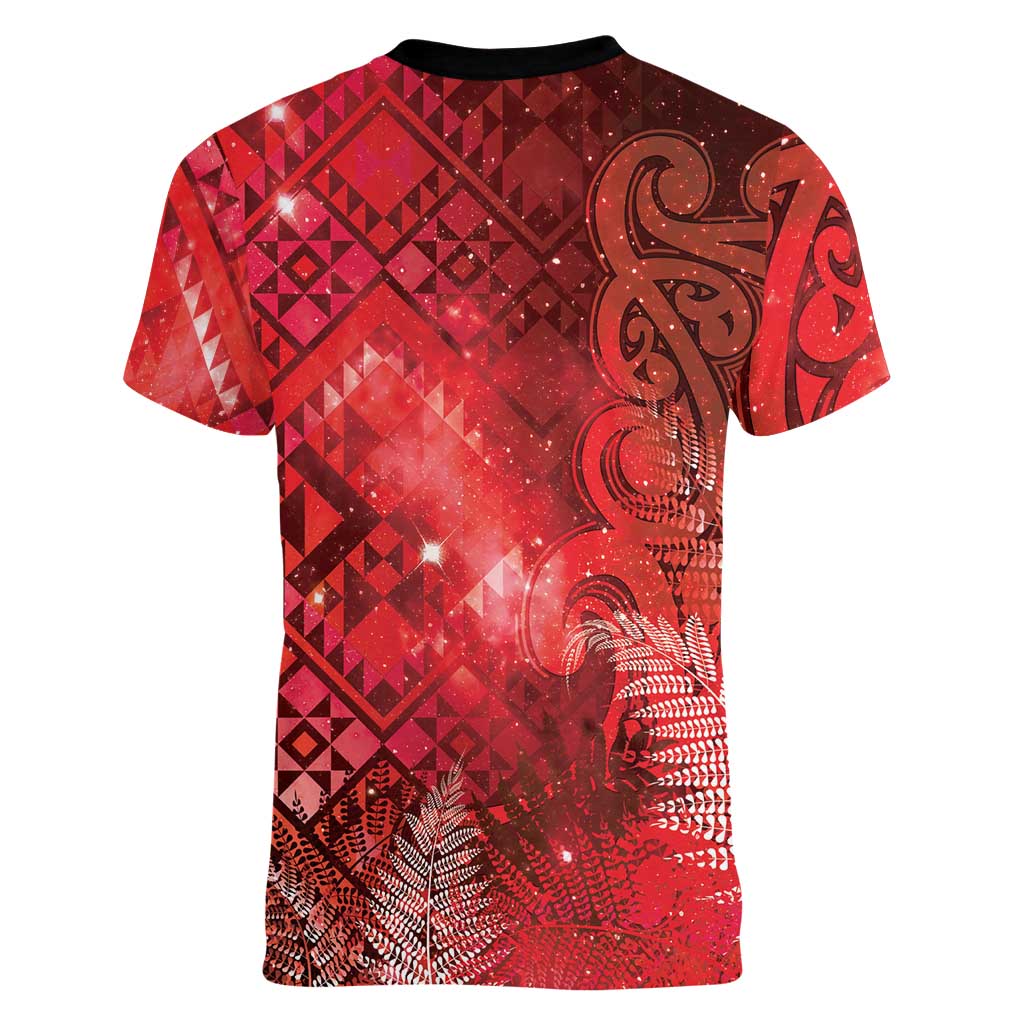 Aotearoa Taniko Matariki Women V-Neck T-Shirt Cosmic Red