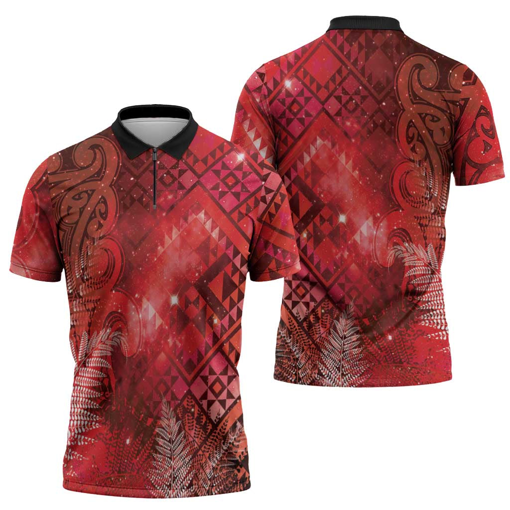 Aotearoa Taniko Matariki Zipper Polo Shirt Cosmic Red