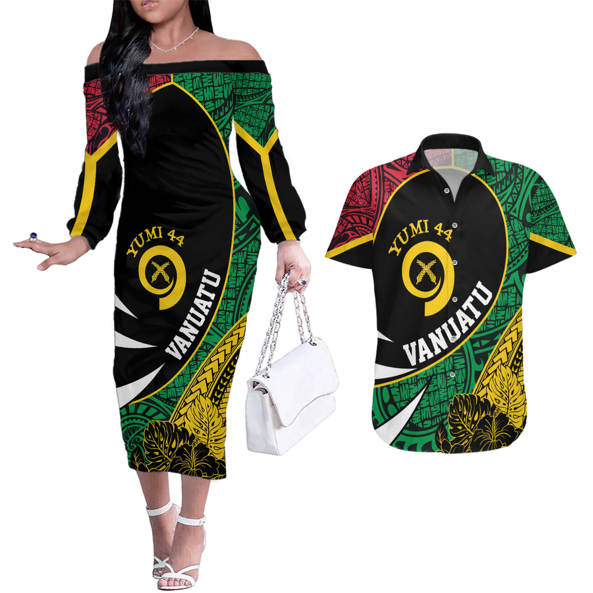 Vanuatu Independence Day Yumi 44 Couples Matching Off The Shoulder Long Sleeve Dress and Hawaiian Shirt