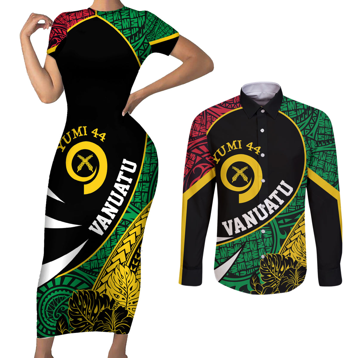 Vanuatu Independence Day Yumi 44 Couples Matching Short Sleeve Bodycon Dress and Long Sleeve Button Shirt LT7 Colorful - Polynesian Pride