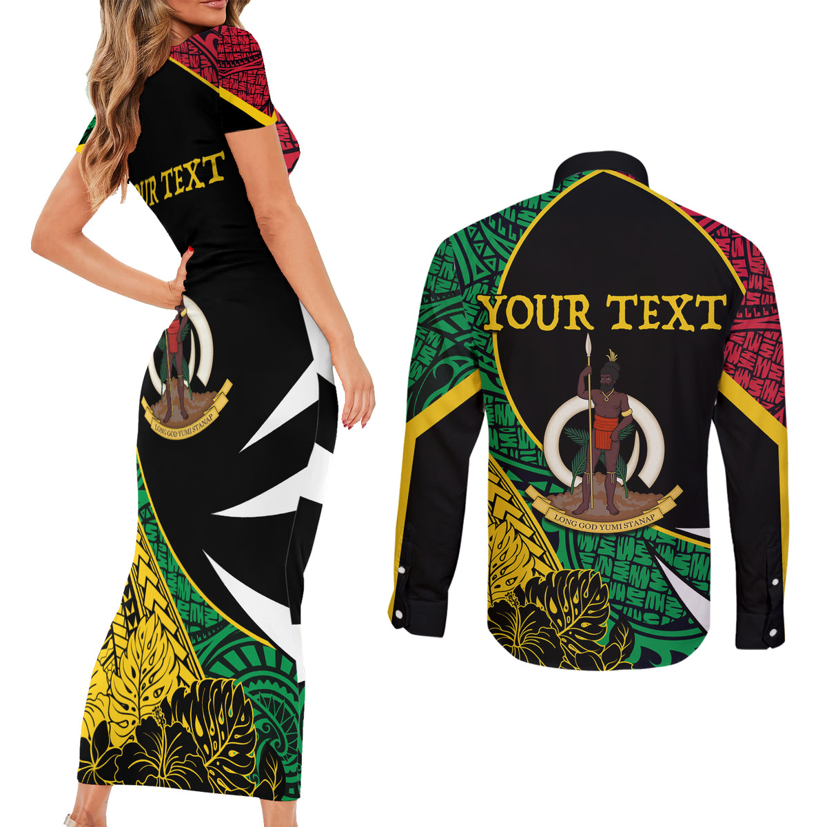 Vanuatu Independence Day Yumi 44 Couples Matching Short Sleeve Bodycon Dress and Long Sleeve Button Shirt LT7 - Polynesian Pride