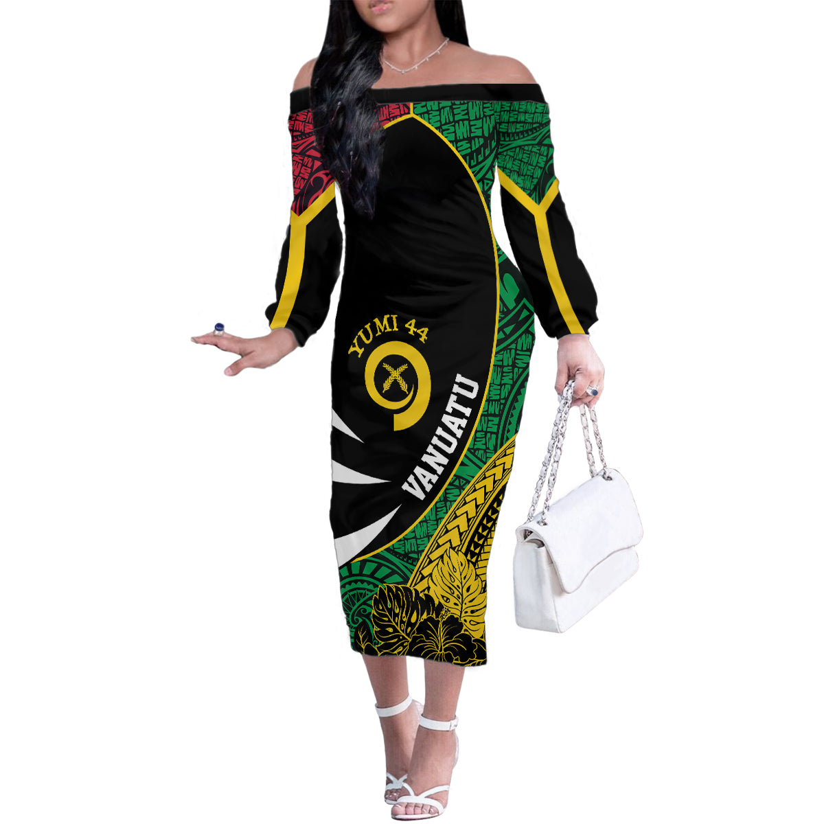 Vanuatu Independence Day Yumi 44 Family Matching Off The Shoulder Long Sleeve Dress and Hawaiian Shirt