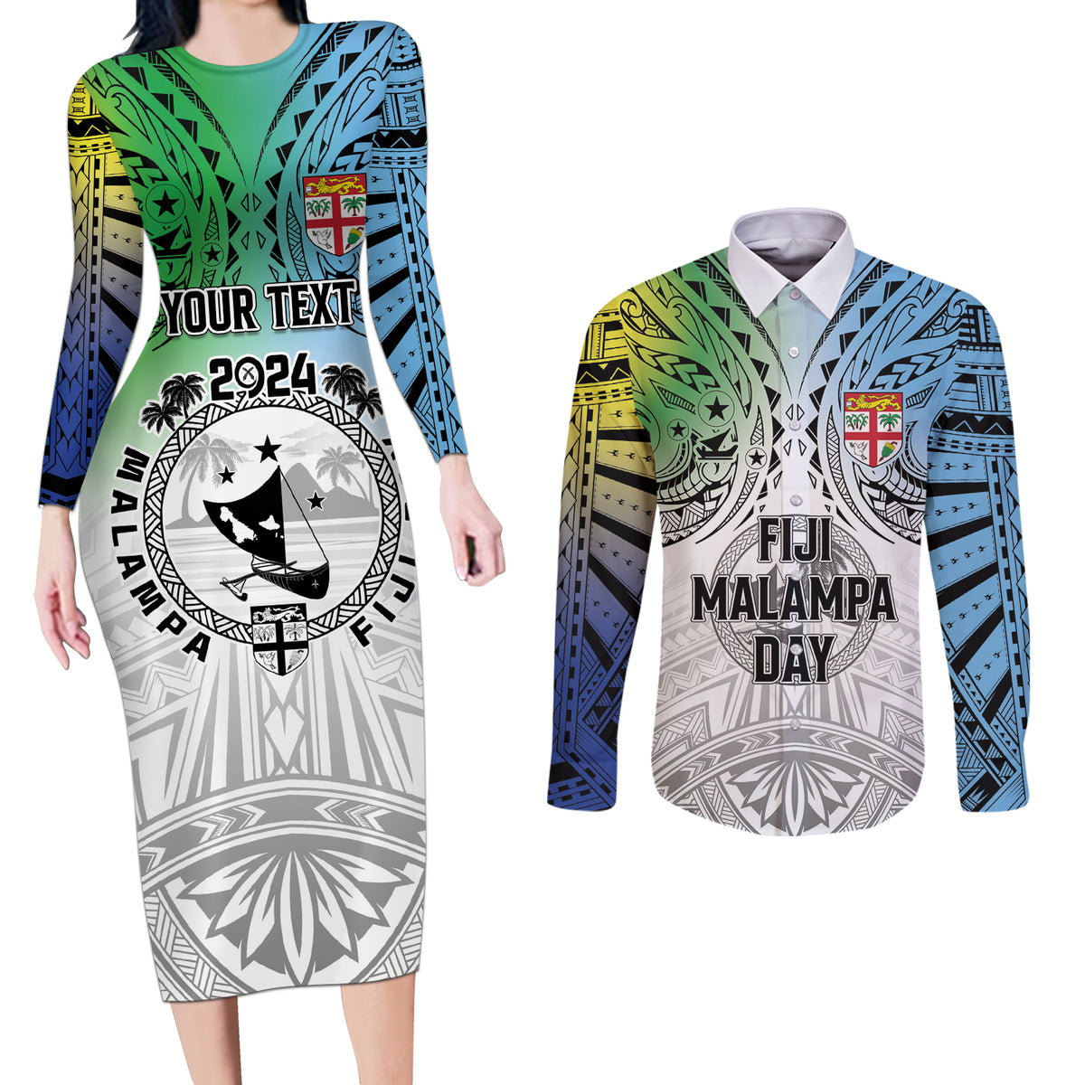 Malampa Fiji Day Couples Matching Long Sleeve Bodycon Dress and Long Sleeve Button Shirt Gradient Style