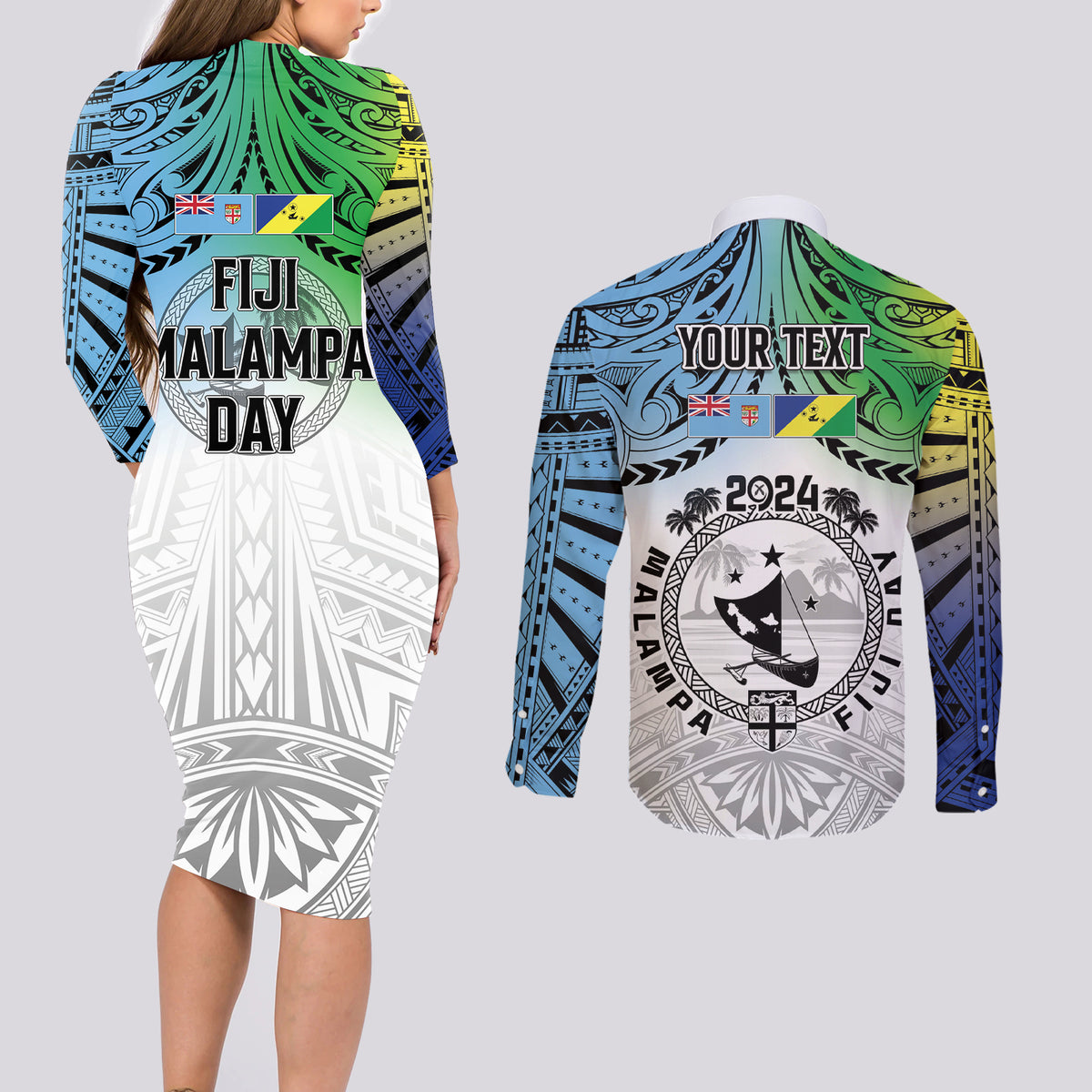 Malampa Fiji Day Couples Matching Long Sleeve Bodycon Dress and Long Sleeve Button Shirt Gradient Style