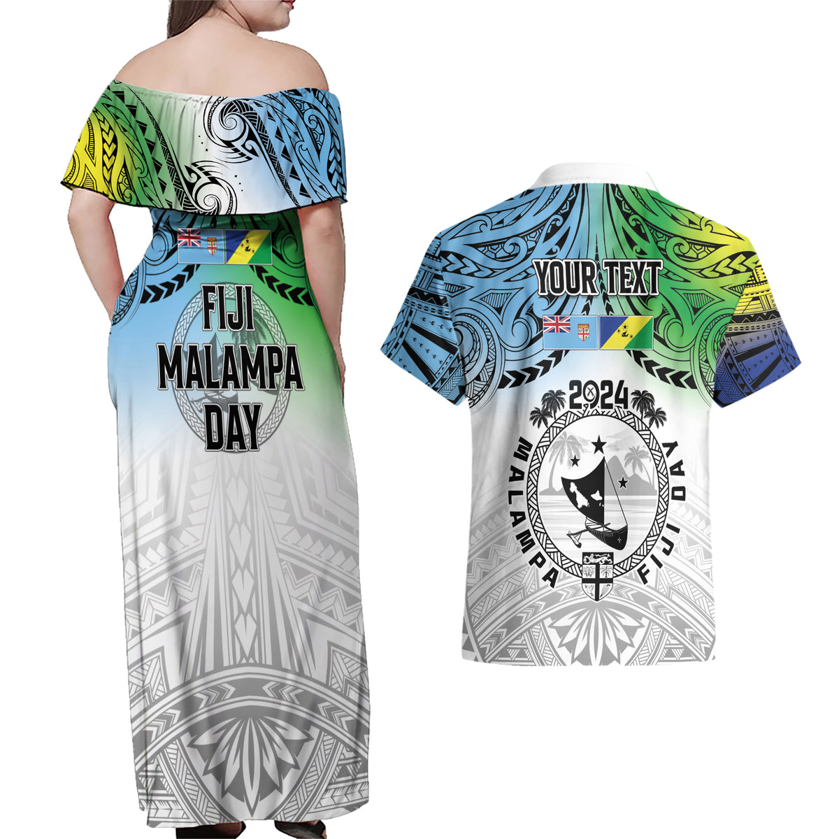 Malampa Fiji Day Couples Matching Off Shoulder Maxi Dress and Hawaiian Shirt Gradient Style