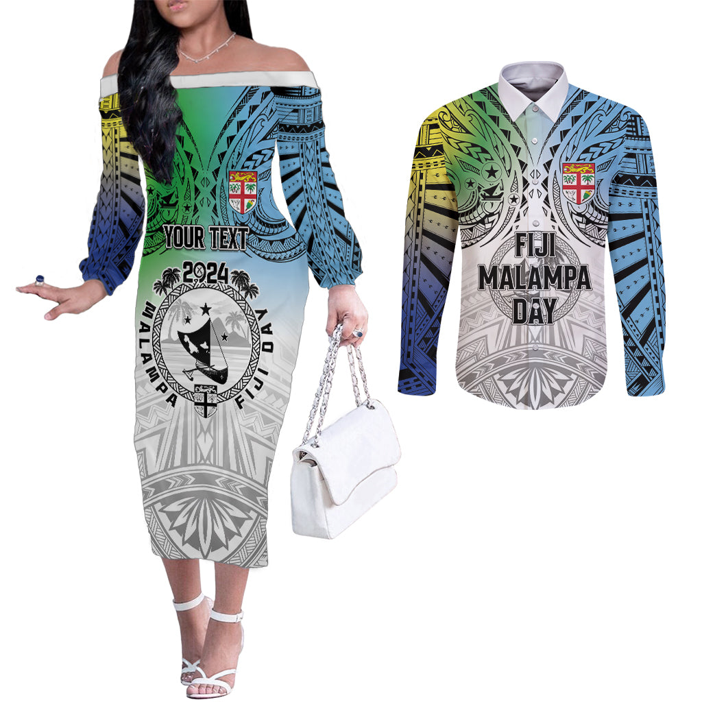 Malampa Fiji Day Couples Matching Off The Shoulder Long Sleeve Dress and Long Sleeve Button Shirt Gradient Style