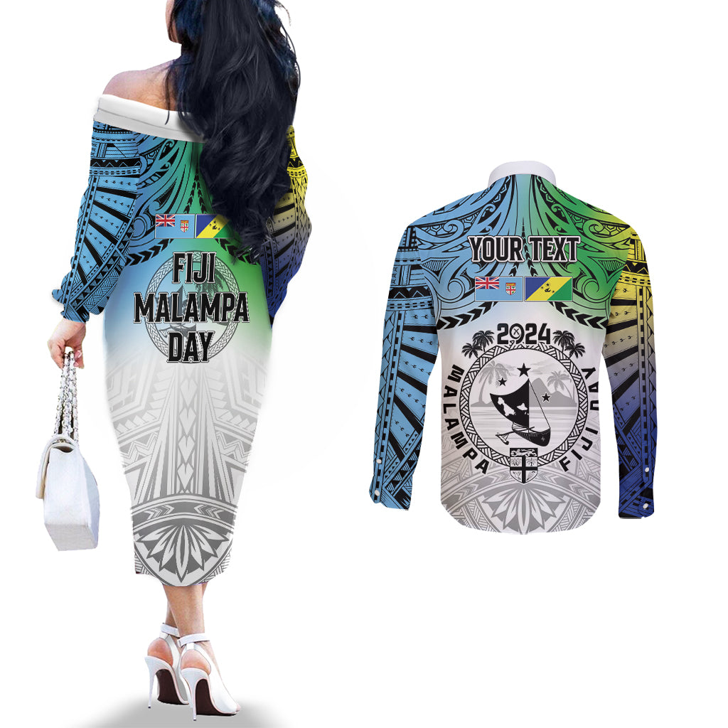 Malampa Fiji Day Couples Matching Off The Shoulder Long Sleeve Dress and Long Sleeve Button Shirt Gradient Style