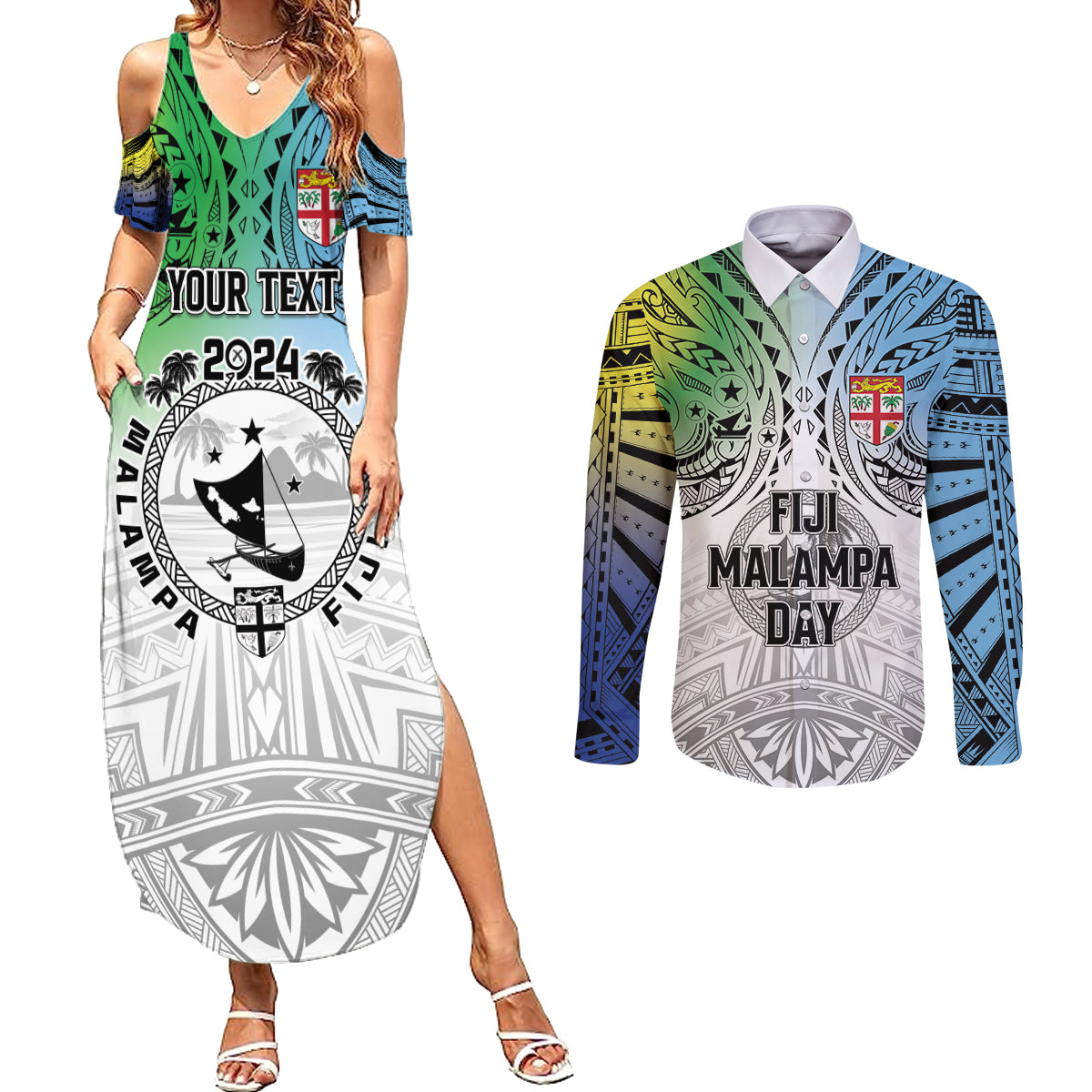 Malampa Fiji Day Couples Matching Summer Maxi Dress and Long Sleeve Button Shirt Gradient Style