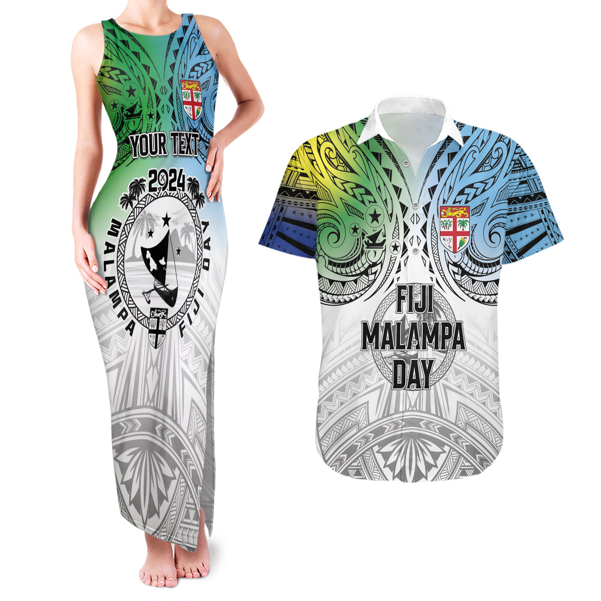 Malampa Fiji Day Couples Matching Tank Maxi Dress and Hawaiian Shirt Gradient Style