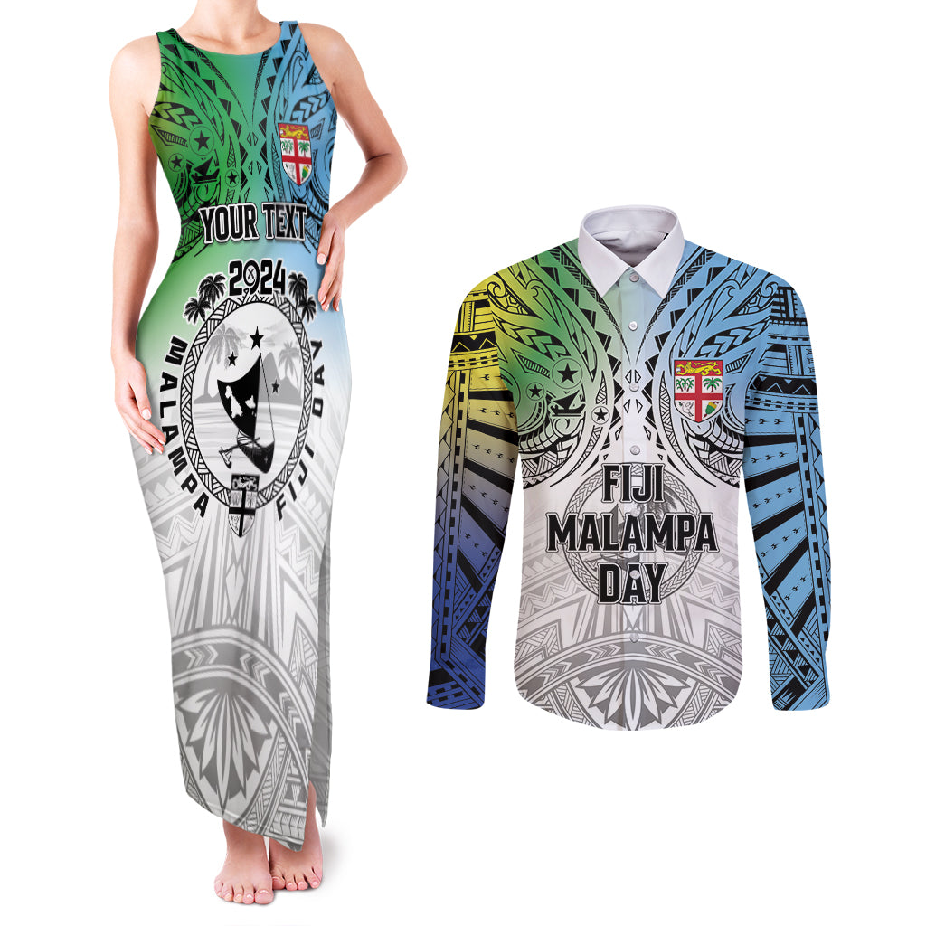 Malampa Fiji Day Couples Matching Tank Maxi Dress and Long Sleeve Button Shirt Gradient Style