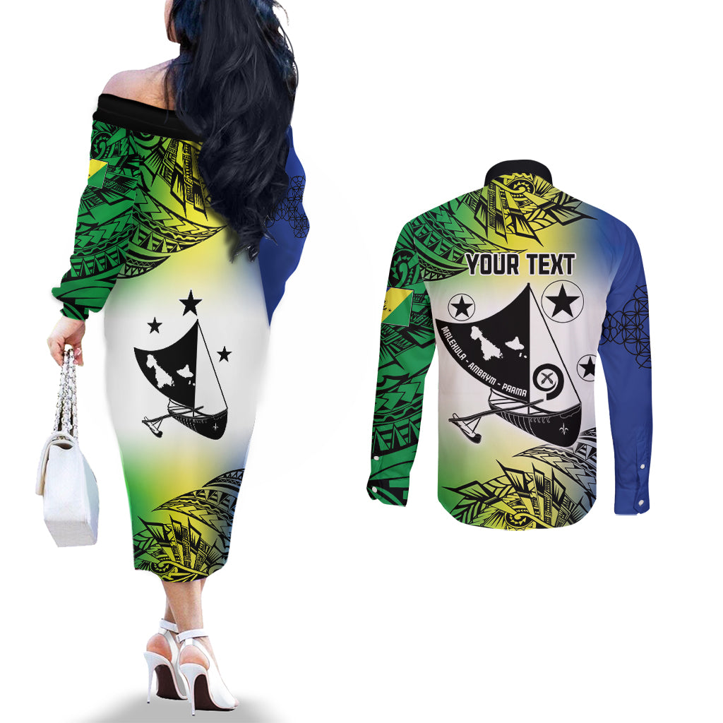 Malampa Day Couples Matching Off The Shoulder Long Sleeve Dress and Long Sleeve Button Shirt Emblem Gradient Style