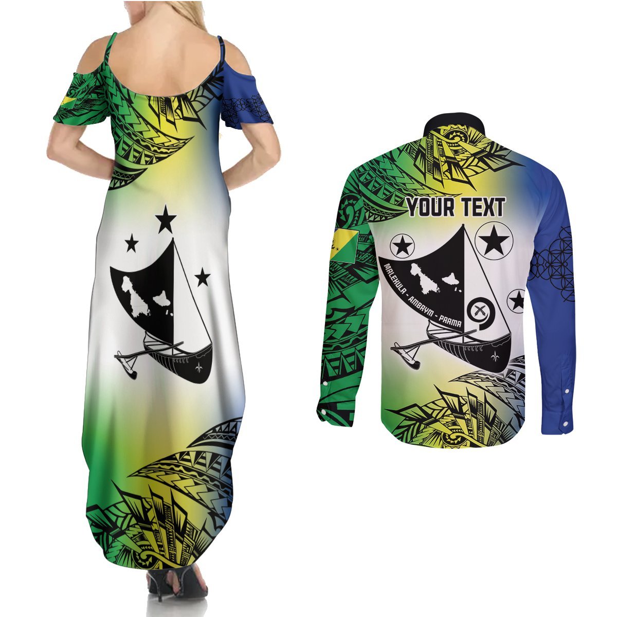 Malampa Day Couples Matching Summer Maxi Dress and Long Sleeve Button Shirt Emblem Gradient Style LT7 - Polynesian Pride