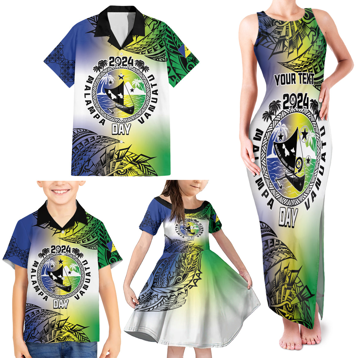 Malampa Day Family Matching Tank Maxi Dress and Hawaiian Shirt Emblem Gradient Style