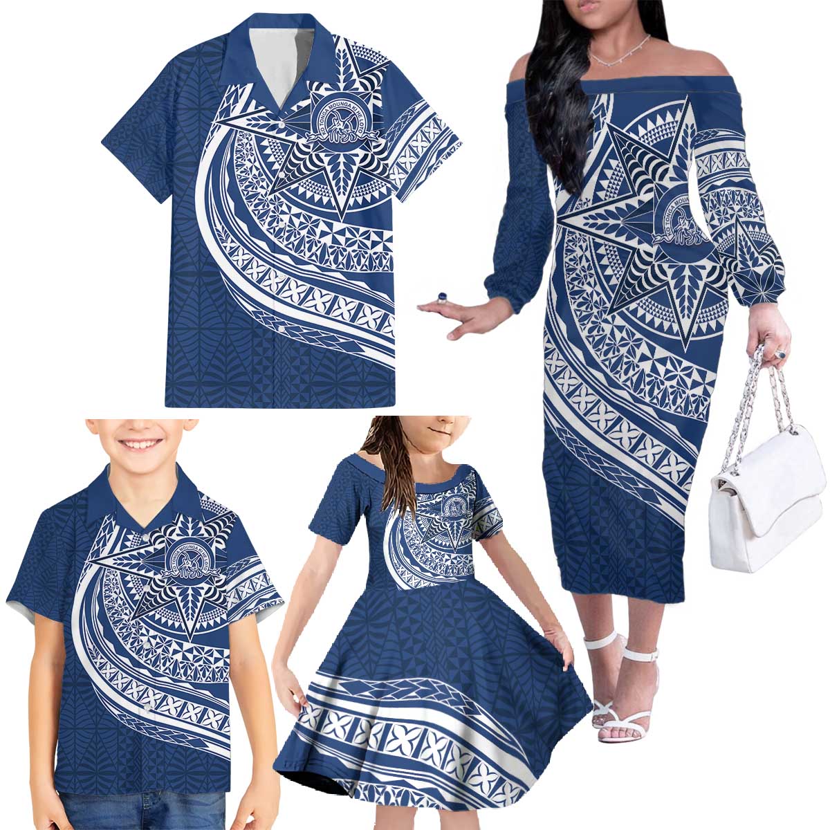 Tonga Queen Salote College Personalized Family Matching Off The Shoulder Long Sleeve Dress and Hawaiian Shirt Ngatu Tokelaufeletoa Motifs