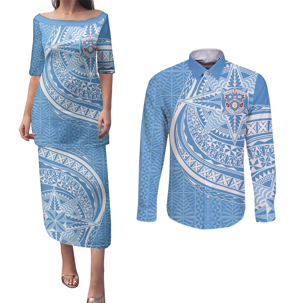 Tonga Apifo'ou Kolisi Personalized Couples Matching Puletasi and Long Sleeve Button Shirt Ngatu Tokelaufeletoa Motifs