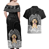 Personalised Dog Couples Matching Off Shoulder Maxi Dress and Hawaiian Shirt Golden Retriever With Polynesian Tapa Arch LT7 - Polynesian Pride