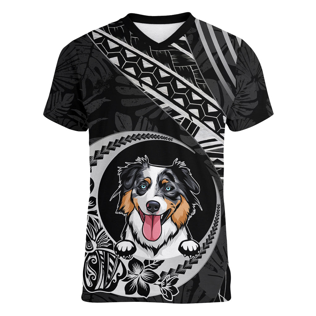 Personalised Polynesian Dog Women V Neck T Shirt With Australian Shepherd - Crescent Style LT7 Female Black - Polynesian Pride