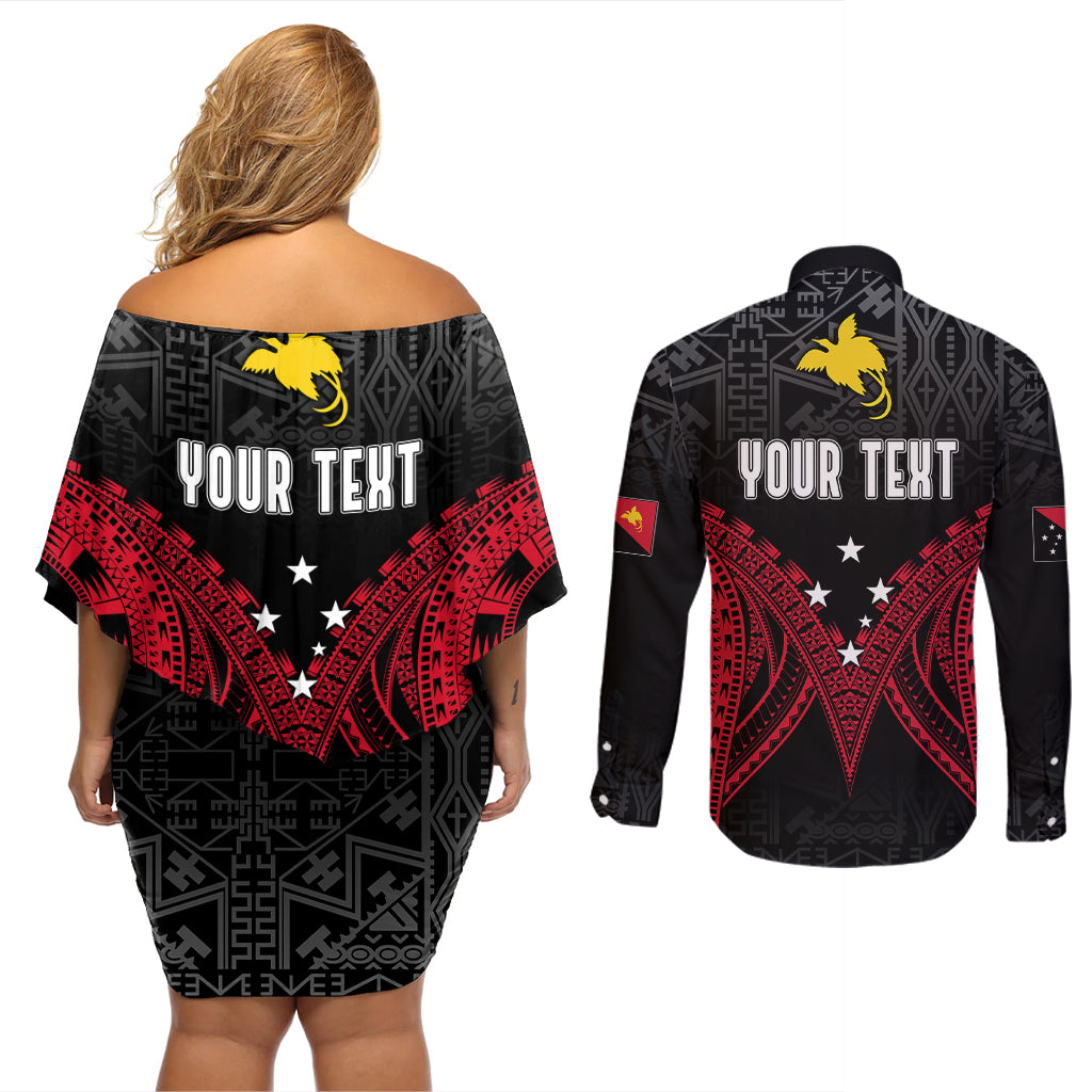 Personalised PNG Couples Matching Off Shoulder Short Dress and Long Sleeve Button Shirts Papua Motuan Mirror Style LT7 - Polynesian Pride