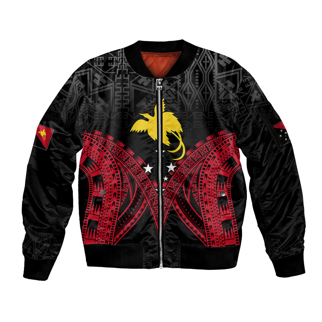 Personalised PNG Sleeve Zip Bomber Jacket Papua Motuan Mirror Style LT7 Unisex Black - Polynesian Pride