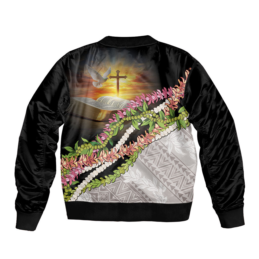 Hawaii Mokihana Mix Pikake Leis Mahalo 'Olelo Bomber Jacket Black LT7 - Polynesian Pride