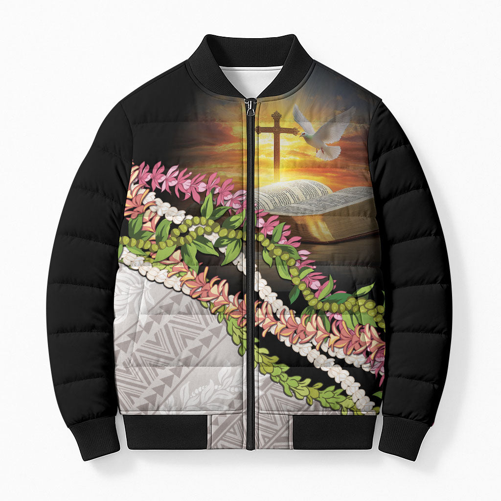 Hawaii Mokihana Mix Pikake Leis Mahalo 'Olelo Bomber Puffer Jacket Black LT7 Unisex Black - Polynesian Pride