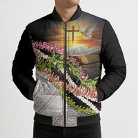 Hawaii Mokihana Mix Pikake Leis Mahalo 'Olelo Bomber Puffer Jacket Black LT7 - Polynesian Pride
