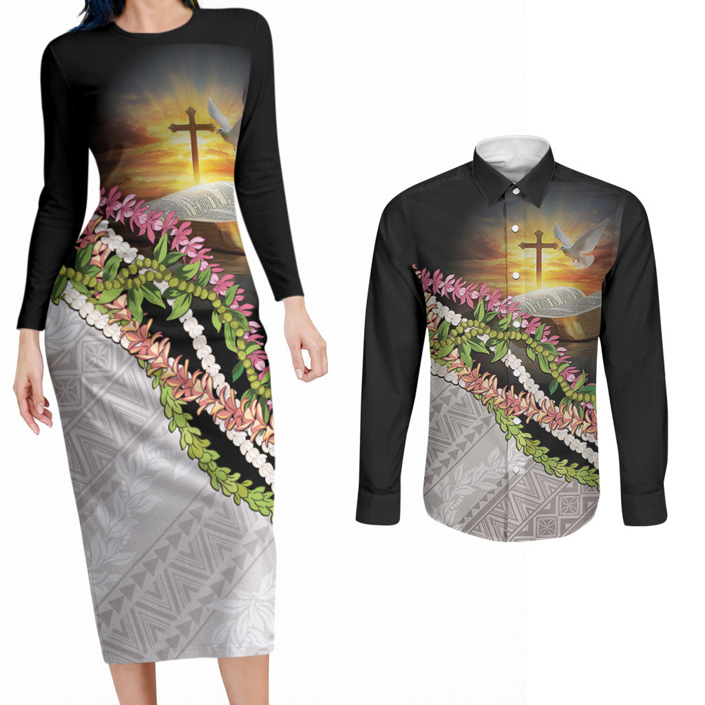 Hawaii Mokihana Mix Pikake Leis Mahalo 'Olelo Couples Matching Long Sleeve Bodycon Dress and Long Sleeve Button Shirt Black LT7 Black - Polynesian Pride
